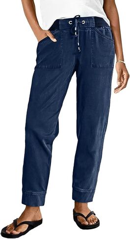 Flamingals Straight Leg Mid Waist Solid Drawstring Pants for Women with Patch Pocket in Saudi Arabia