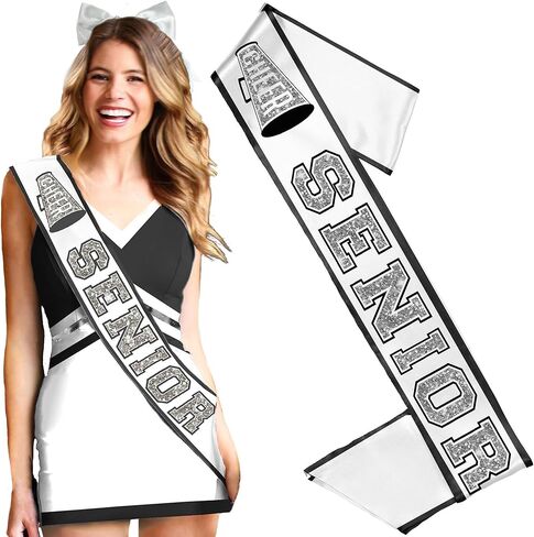 Cheer Senior Sash Silver Black and White - PREMIUM GRADE SATIN Sashes - Cheer Squad Supplies and Gifts in Saudi Arabia