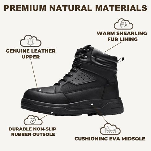 Men's Genuine Shearling Lined Winter Snow Boots Waterproof Leather Lightweight Design Anti-Slip Black Warm Boots for Cold Weather in Saudi Arabia