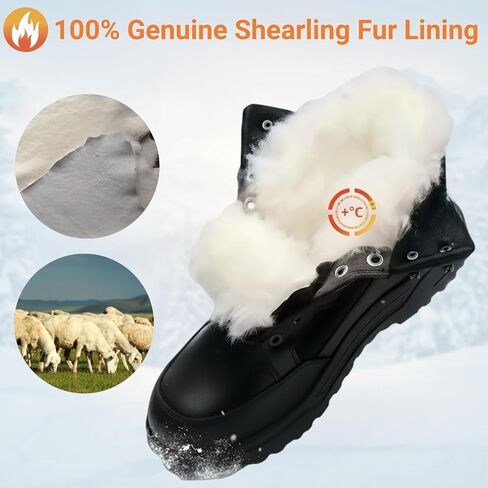Men's Genuine Shearling Lined Winter Snow Boots Waterproof Leather Lightweight Design Anti-Slip Black Warm Boots for Cold Weather in Saudi Arabia