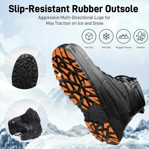 Men's Genuine Shearling Lined Winter Snow Boots Waterproof Leather Lightweight Design Anti-Slip Black Warm Boots for Cold Weather in Saudi Arabia