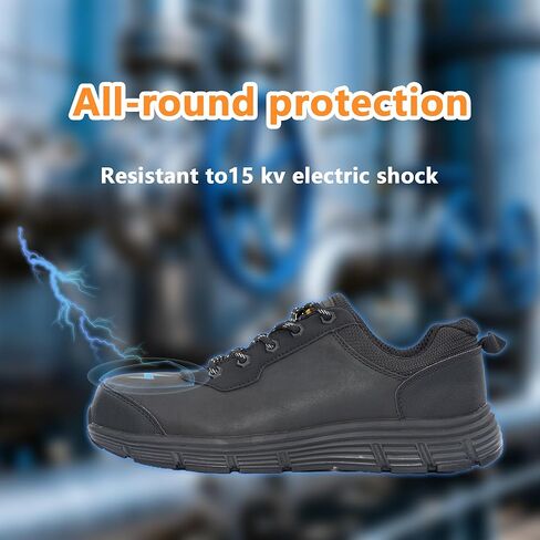 Steel Composite Toe Shoes for Men Non Slip Black Safety Shoes Puncture Protection and Electrical Resistance Leather Construction Boots Extra Wide for Warehouse,Port,House Renovation in Saudi Arabia