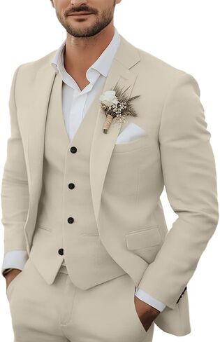 Men's 3 Piece Linen Suits Casual Lightweight Blazer Jackets Vest Pants Set for Wedding Business Prom Suit in Saudi Arabia