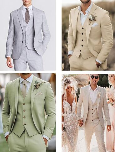 Men's 3 Piece Linen Suits Casual Lightweight Blazer Jackets Vest Pants Set for Wedding Business Prom Suit in Saudi Arabia