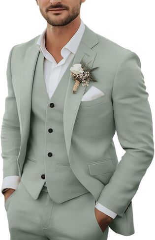 Men's 3 Piece Linen Suits Casual Lightweight Blazer Jackets Vest Pants Set for Wedding Business Prom Suit in Saudi Arabia