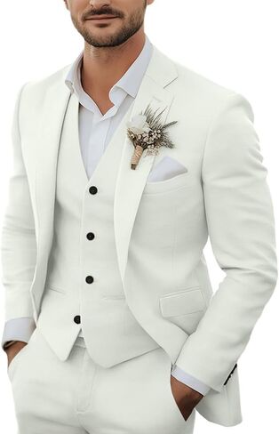 Men's 3 Piece Linen Suits Casual Lightweight Blazer Jackets Vest Pants Set for Wedding Business Prom Suit in Saudi Arabia