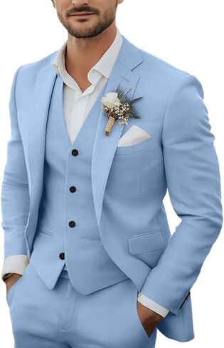 Men's 3 Piece Linen Suits Casual Lightweight Blazer Jackets Vest Pants Set for Wedding Business Prom Suit in Saudi Arabia