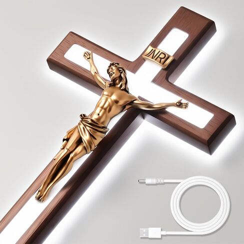 صليب حائط MoSavris Crucifix، صليب خشبي مصنوع يدويًا مع ضوء LED، ديكور حائط للإيمان والبركة، هدايا مسيحية، 13 بوصة in Saudi Arabia