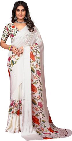 Elina fashion Women's Rakhi Diwali Festival Georgette Satin Floral Printed Saree|Traditional Sari with Unstitched Blouse in Saudi Arabia