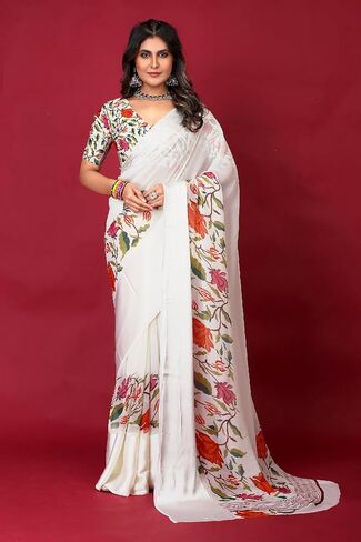 Elina fashion Women's Rakhi Diwali Festival Georgette Satin Floral Printed Saree|Traditional Sari with Unstitched Blouse in Saudi Arabia