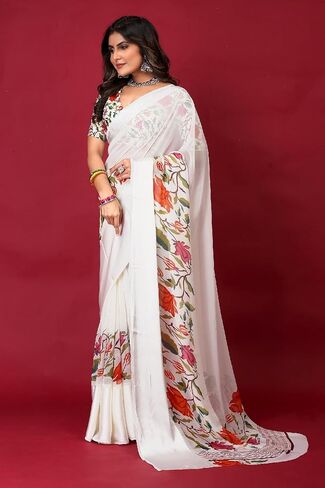 Elina fashion Women's Rakhi Diwali Festival Georgette Satin Floral Printed Saree|Traditional Sari with Unstitched Blouse in Saudi Arabia