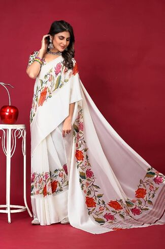 Elina fashion Women's Rakhi Diwali Festival Georgette Satin Floral Printed Saree|Traditional Sari with Unstitched Blouse in Saudi Arabia