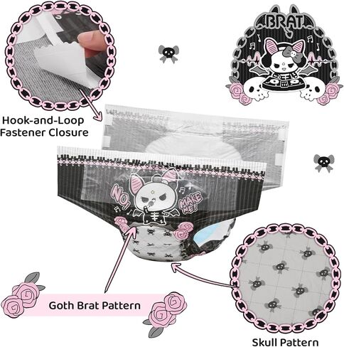 Littleforbig Ultra Absorbent 7000 mL Adult Printed Diaper 10 Pieces - Goth Brat (Medium 28"-38") in Kuwait