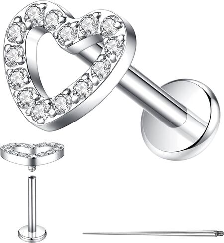 G23 Titanium Heart Flat Back Cartilage Stud Earrings with Cubic Zirconia - 16G 8mm Internally Threaded Helix Tragus Conch Labret Lip Piercing Jewelry - Hypoallergenic for Women Single Piece in Saudi Arabia
