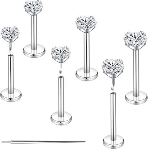 G23 Titanium Flat Back Stud Earrings, 18G 6/8/10mm Threadless CZ Tragus Cartilage Conch or Lip Labret Piercing Jewelry, 3 Pairs Hypoallergenic for Women and Men in Saudi Arabia