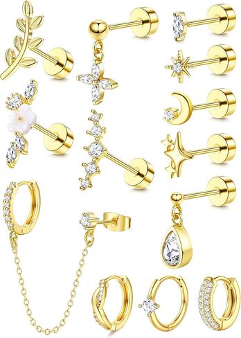12/13Pcs 20G Flat Back Earrings for Women Trendy Daith Conch Tragus Helix Piercing Jewelry Stainless Steel CZ Flat Back Cartilage Hoop Earrings Set for Multiple Piercing in Saudi Arabia