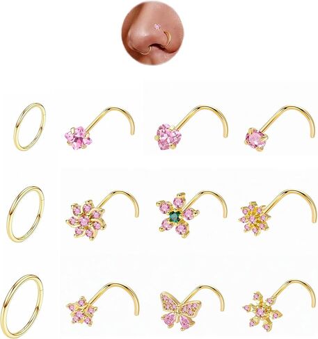 G&O JFU 12 Pcs Nose Rings 16G & Nose Studs 20G Hypoallergenic Surgical Steel Set, Gold & Silver Hoops and L-Shape/Screw Back Studs with CZ Designs for Women & Men in Saudi Arabia