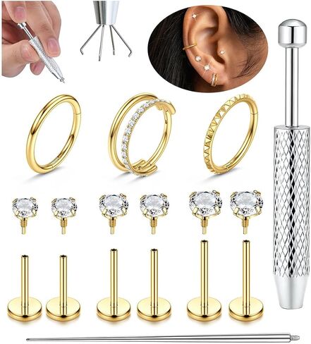 أقراط Fansilver 18G 16G مسطحة الظهر للنساء مع أداة ثقب الكرة - 316L مجموعة من الأقراط الغضروفية المصنوعة من الفولاذ الجراحي، خيط داخلي تشيكوسلوفاكيا مسمار ثقب المجوهرات من أجل Tragus Helix Conch & حلقات أنف الشفاه المضادة للحساسية الأطواق in Kuwait