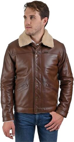 Wrangler Men’s Leather Flight Jacket Sherpa Medium Brown. in Saudi Arabia
