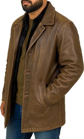 Men’s 3/4 Mid-Length Genuine Leather Trench Blazer - Vintage Classic Hunter Style Long Leather Car Coat Jacket in Saudi Arabia