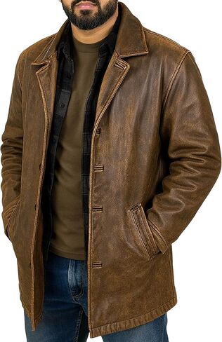 Men’s 3/4 Mid-Length Genuine Leather Trench Blazer - Vintage Classic Hunter Style Long Leather Car Coat Jacket in Saudi Arabia