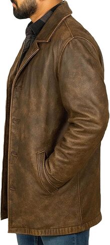 Men’s 3/4 Mid-Length Genuine Leather Trench Blazer - Vintage Classic Hunter Style Long Leather Car Coat Jacket in Saudi Arabia