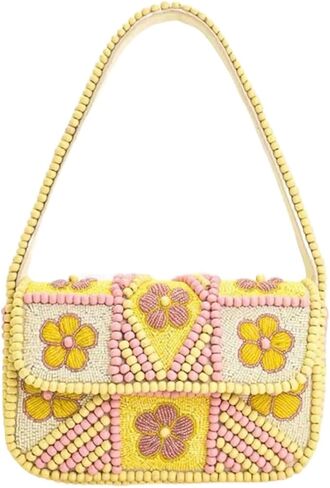 Beaded Shoulder Bag with Floral Pattern, Yellow and Pink Pastel Colors, Small Evening Handbag with Beaded Handle in Saudi Arabia