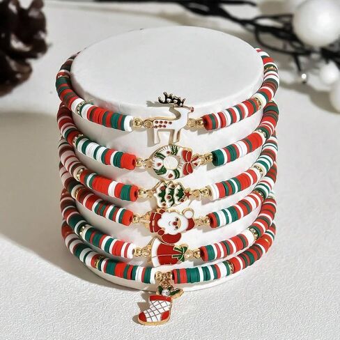 Christmas Soft Clay Beaded Bracelet Set, Red Green White Festive Charm Jewelry with Santa, Tree, Snowman for Holiday Gift in Saudi Arabia