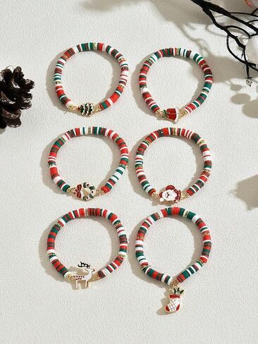 Christmas Soft Clay Beaded Bracelet Set, Red Green White Festive Charm Jewelry with Santa, Tree, Snowman for Holiday Gift in Saudi Arabia