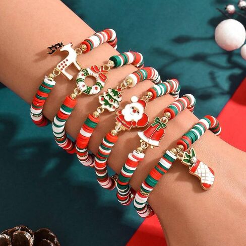 Christmas Soft Clay Beaded Bracelet Set, Red Green White Festive Charm Jewelry with Santa, Tree, Snowman for Holiday Gift in Saudi Arabia