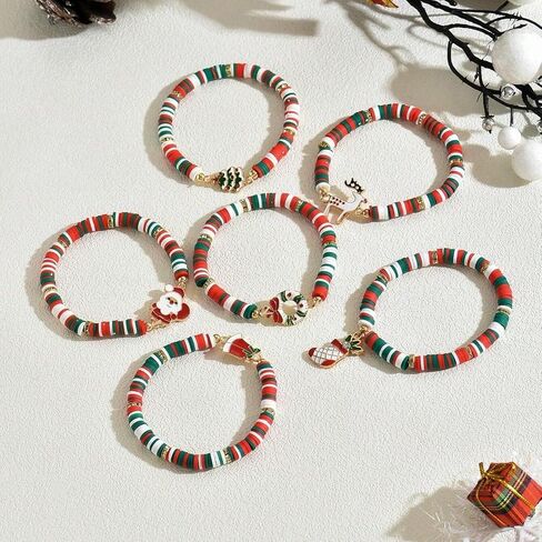 Christmas Soft Clay Beaded Bracelet Set, Red Green White Festive Charm Jewelry with Santa, Tree, Snowman for Holiday Gift in Saudi Arabia