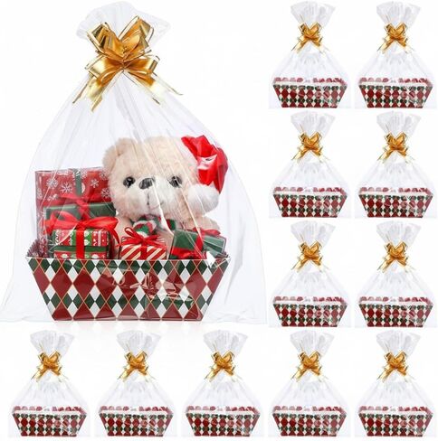 Nuogo 44 Pcs Christmas Basket for Gifts Empty Gift Basket Kit Include 12 Gift Basket Empty 12 Plastic Bags for Gift Baskets and 20 Pull Bows for Xmas Christmas Party Gift Wrapping in Saudi Arabia