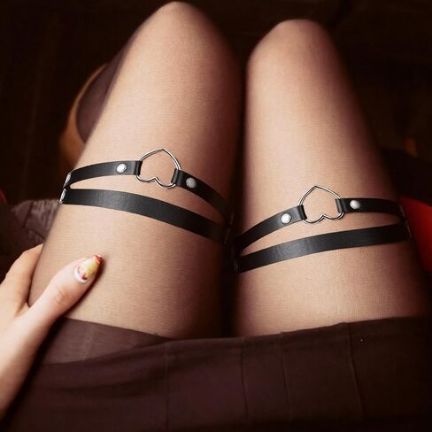 2 Pcs Leather Leg Garter, Adjustable Black Heart Thigh Garter Gothic Elastic Thigh Ring Garters Leg Ring for Women in Saudi Arabia