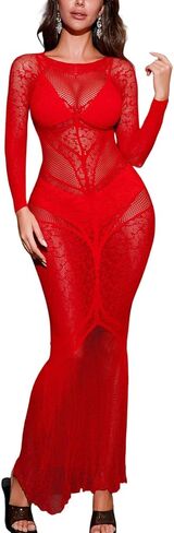 Women's Sexy Sheer Lace Maxi Dress Long Sleeve Round Neck Mesh Evening Bodycon Party Gown in Saudi Arabia