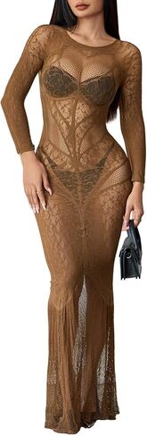 Women's Sexy Sheer Lace Maxi Dress Long Sleeve Round Neck Mesh Evening Bodycon Party Gown in Saudi Arabia