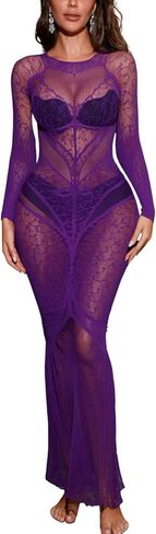 Women's Sexy Sheer Lace Maxi Dress Long Sleeve Round Neck Mesh Evening Bodycon Party Gown in Saudi Arabia