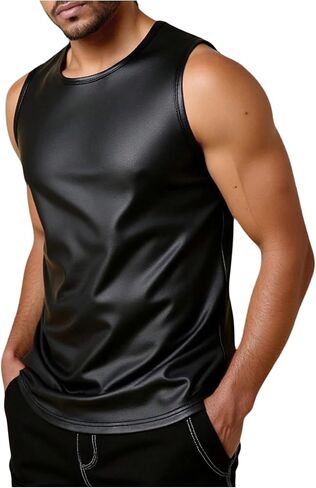 OYOANGLE Men's PU Leather Tank Top Sleeveless Crew Neck Muscle Tops Streetwear in Saudi Arabia