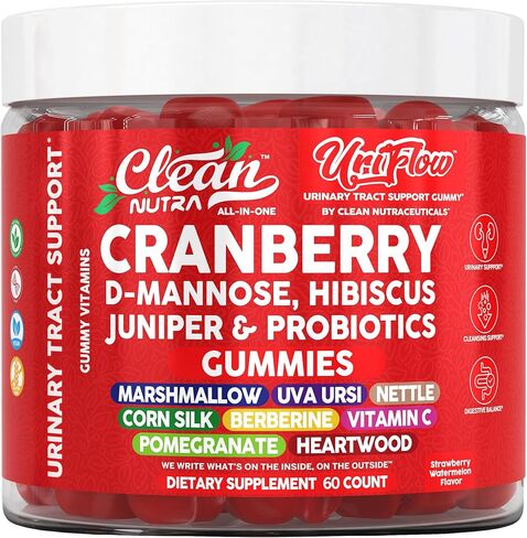 Uri Flow Cranberry Gummies Urinary Tract Support Vitamin C Hibiscus Juniper Pomegranate D-Mannose UVA Ursi Heartwood Nettle Berberine Probiotics 60 Count Strawberry Watermelon Flavor by Clean Nutra in Saudi Arabia