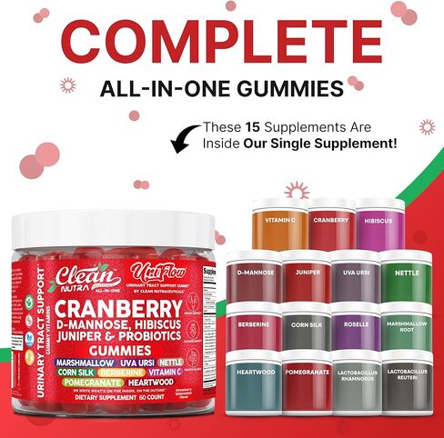 Uri Flow Cranberry Gummies Urinary Tract Support Vitamin C Hibiscus Juniper Pomegranate D-Mannose UVA Ursi Heartwood Nettle Berberine Probiotics 60 Count Strawberry Watermelon Flavor by Clean Nutra in Saudi Arabia