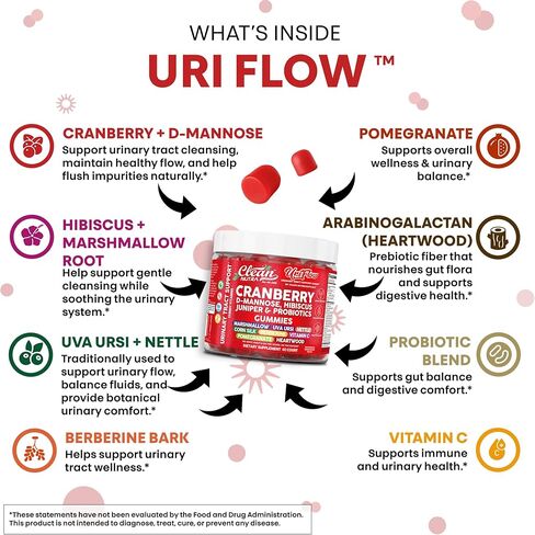 Uri Flow Cranberry Gummies Urinary Tract Support Vitamin C Hibiscus Juniper Pomegranate D-Mannose UVA Ursi Heartwood Nettle Berberine Probiotics 60 Count Strawberry Watermelon Flavor by Clean Nutra in Saudi Arabia