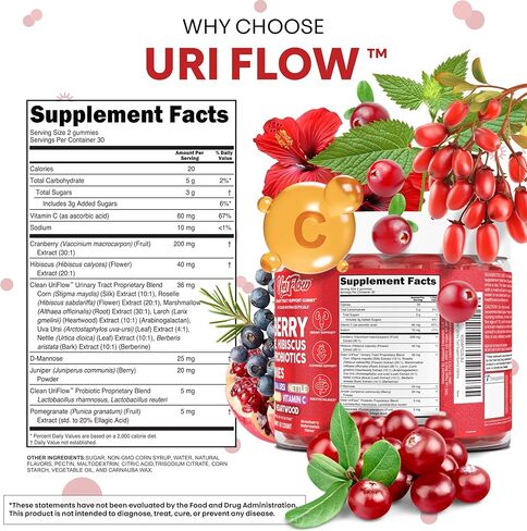 Uri Flow Cranberry Gummies Urinary Tract Support Vitamin C Hibiscus Juniper Pomegranate D-Mannose UVA Ursi Heartwood Nettle Berberine Probiotics 60 Count Strawberry Watermelon Flavor by Clean Nutra in Saudi Arabia