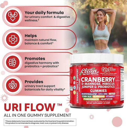 Uri Flow Cranberry Gummies Urinary Tract Support Vitamin C Hibiscus Juniper Pomegranate D-Mannose UVA Ursi Heartwood Nettle Berberine Probiotics 60 Count Strawberry Watermelon Flavor by Clean Nutra in Saudi Arabia