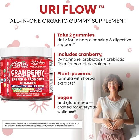 Uri Flow Cranberry Gummies Urinary Tract Support Vitamin C Hibiscus Juniper Pomegranate D-Mannose UVA Ursi Heartwood Nettle Berberine Probiotics 60 Count Strawberry Watermelon Flavor by Clean Nutra in Saudi Arabia