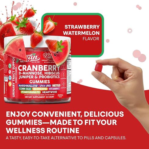 Uri Flow Cranberry Gummies Urinary Tract Support Vitamin C Hibiscus Juniper Pomegranate D-Mannose UVA Ursi Heartwood Nettle Berberine Probiotics 60 Count Strawberry Watermelon Flavor by Clean Nutra in Saudi Arabia