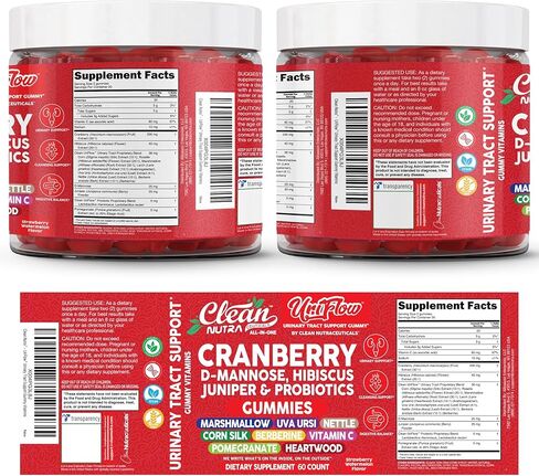 Uri Flow Cranberry Gummies Urinary Tract Support Vitamin C Hibiscus Juniper Pomegranate D-Mannose UVA Ursi Heartwood Nettle Berberine Probiotics 60 Count Strawberry Watermelon Flavor by Clean Nutra in Saudi Arabia