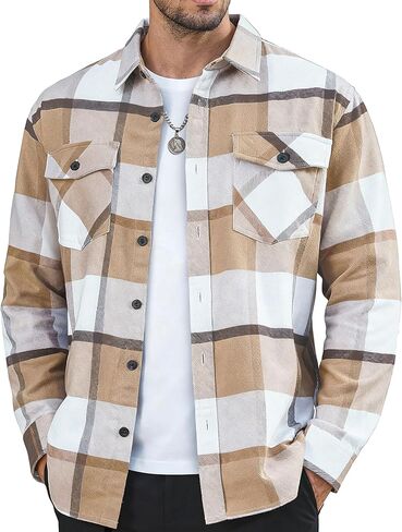 MAGNIVIT Flannel Shirt for Men Brushed Cotton Plaid Shirt Jacket Spring Fall Casual Long Sleeve Button Down Shacket 2 Pockets in Saudi Arabia