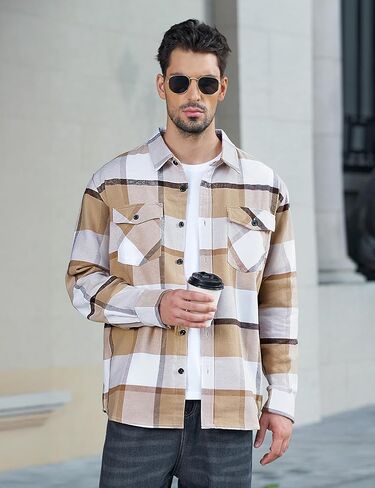 MAGNIVIT Flannel Shirt for Men Brushed Cotton Plaid Shirt Jacket Spring Fall Casual Long Sleeve Button Down Shacket 2 Pockets in Saudi Arabia
