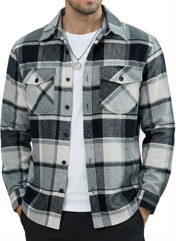 MAGNIVIT Flannel Shirt for Men Brushed Cotton Plaid Shirt Jacket Spring Fall Casual Long Sleeve Button Down Shacket 2 Pockets in Saudi Arabia