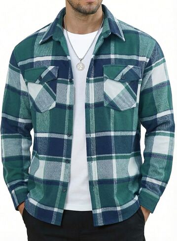 MAGNIVIT Flannel Shirt for Men Brushed Cotton Plaid Shirt Jacket Spring Fall Casual Long Sleeve Button Down Shacket 2 Pockets in Saudi Arabia