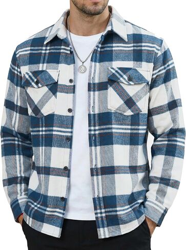 MAGNIVIT Flannel Shirt for Men Brushed Cotton Plaid Shirt Jacket Spring Fall Casual Long Sleeve Button Down Shacket 2 Pockets in Saudi Arabia